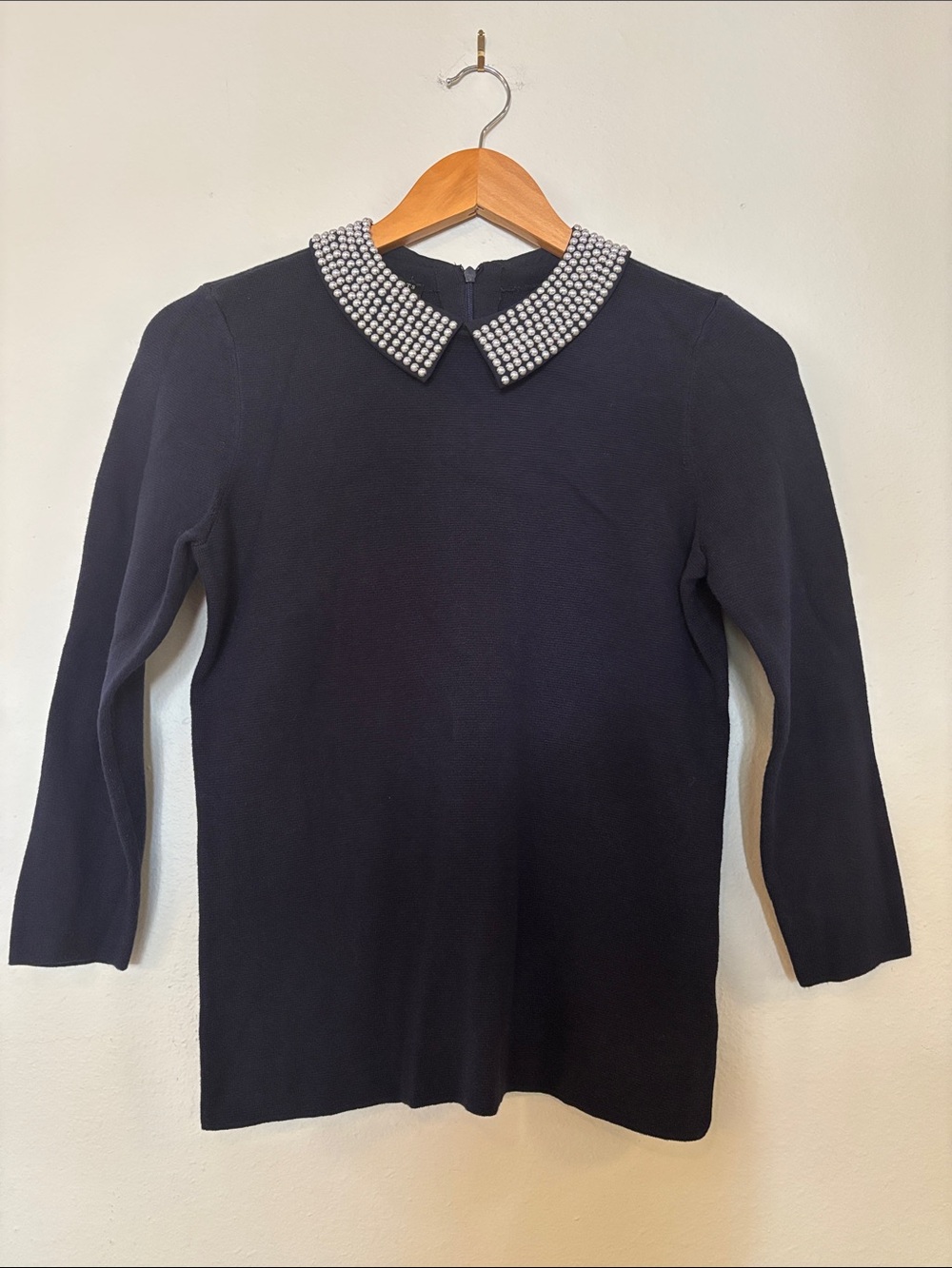 Talbots Navy Long-Sleeve Top with Beaded Peter Pan Collar